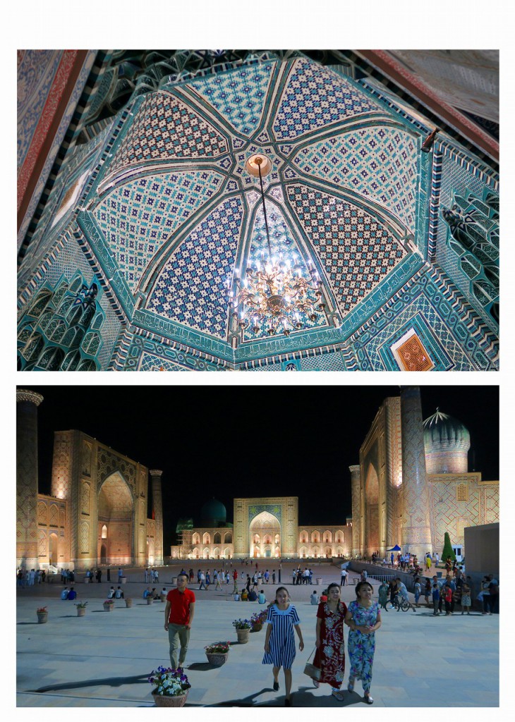 (上）美しいモスクの天井（下）レギスタン広場　（ウズベキスタン　サマルカンドにて）
