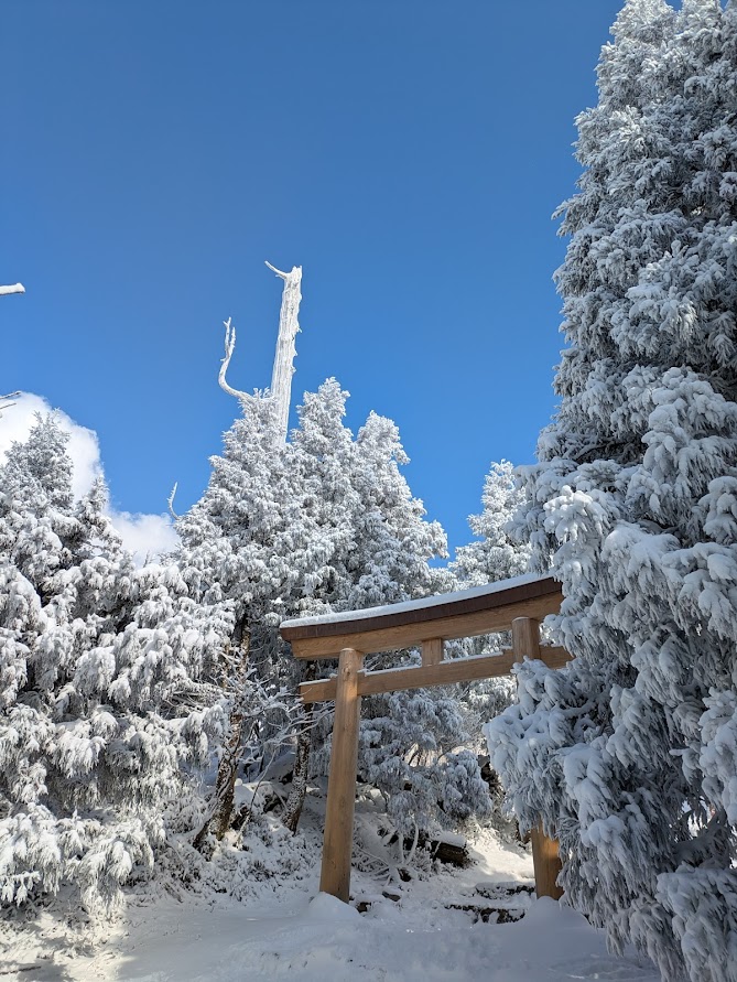 ■今日の一枚:積雪と鳥居を背景に英彦山ブルーの青空が広がった。コントラストがとてもきれいだ。